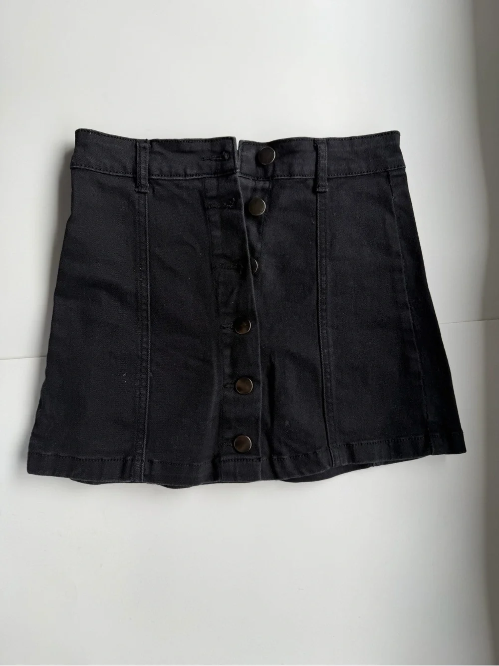Black Denim Button Front A-Line Mini Skirt